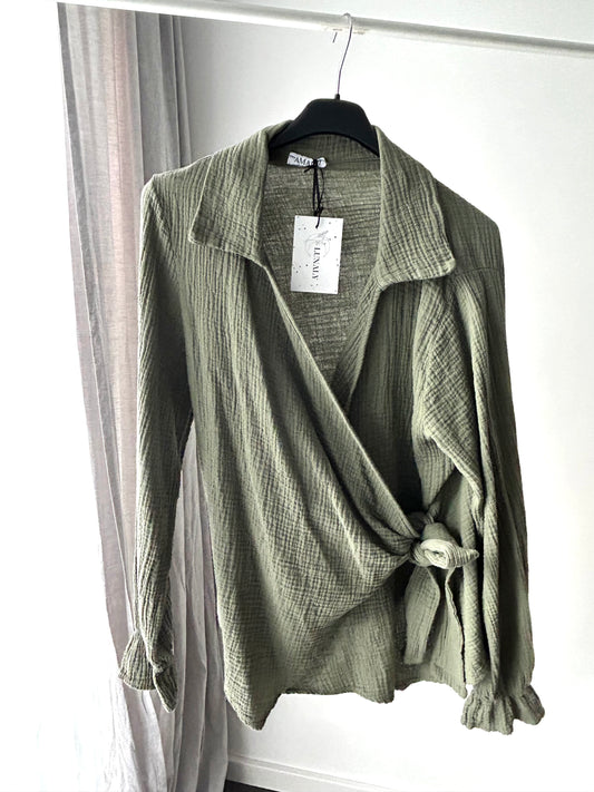 Musselinbluse zum Binden Khaki