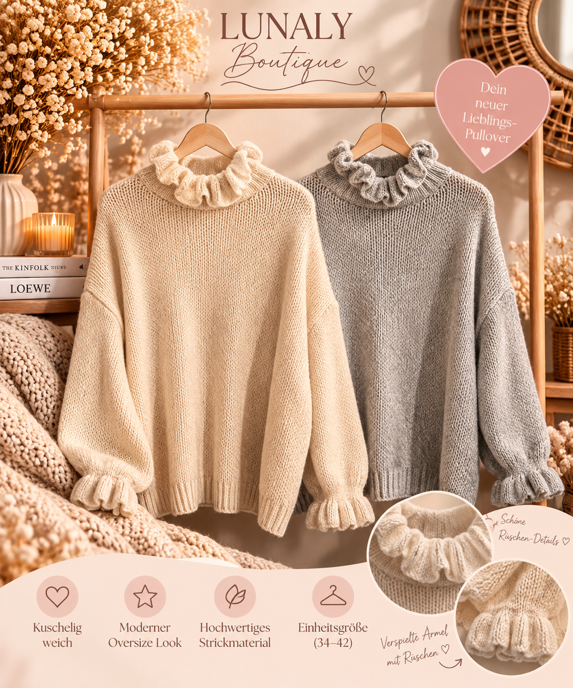 Rosalie Rüschen Strickpullover – Cozy & Romantic 🤍✨