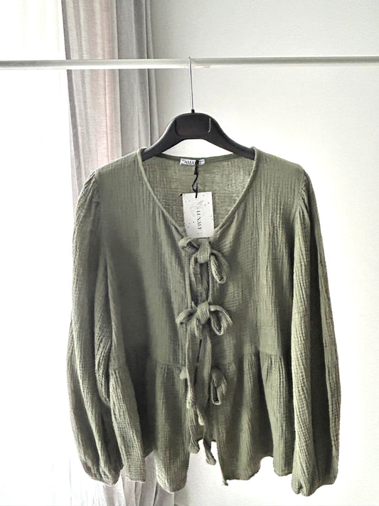 Musselinbluse Schleifen Khaki